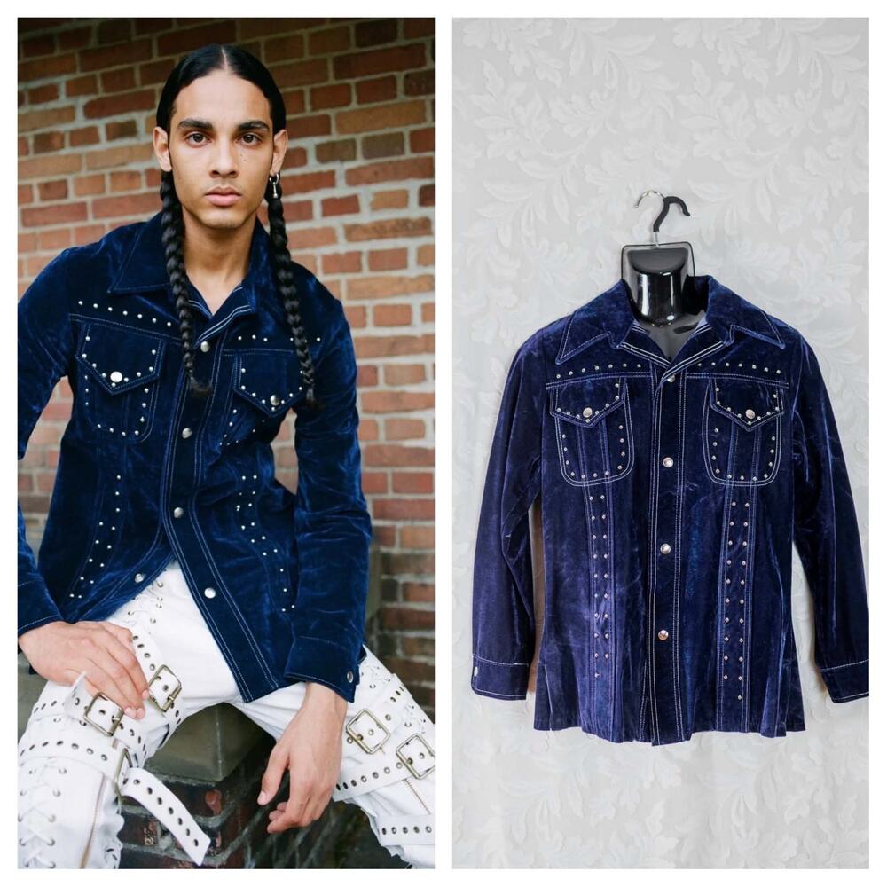 Vintage 70s National ShirtShops Blue Velvet Studded Jacket, Glam Rock Men's Med
